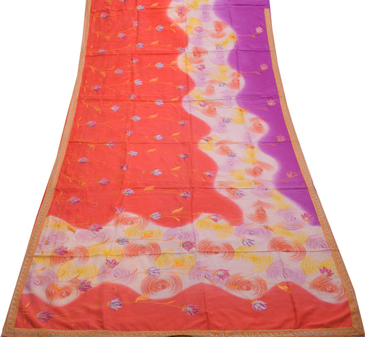 Sushila Vintage Indian Saree Pure Crepe Silk Printed & Embroidered Sari Fabric