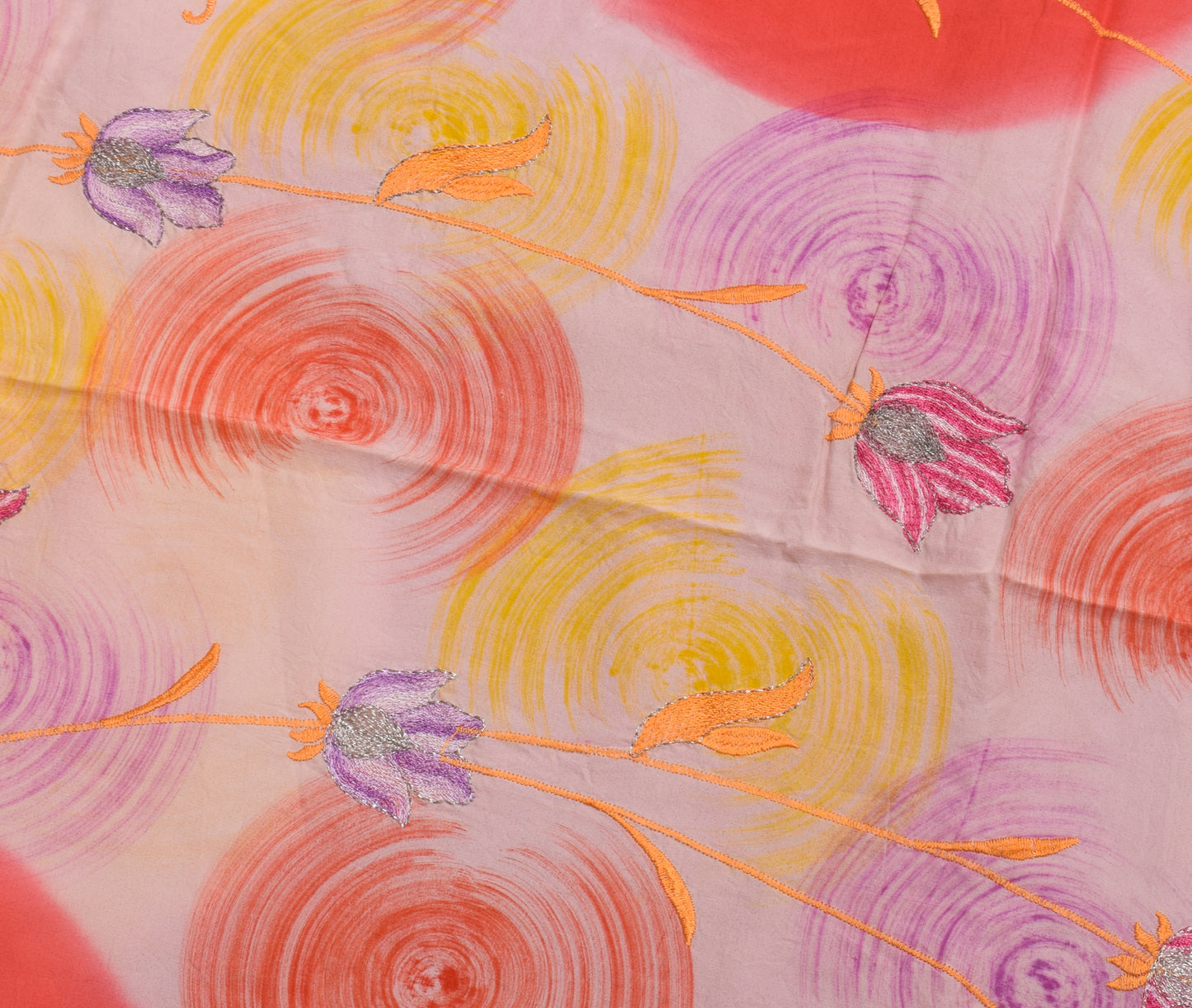 Sushila Vintage Indian Saree Pure Crepe Silk Printed & Embroidered Sari Fabric
