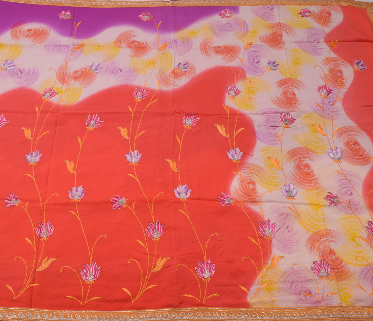 Sushila Vintage Indian Saree Pure Crepe Silk Printed & Embroidered Sari Fabric
