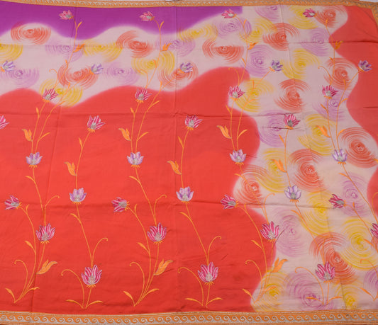 Sushila Vintage Indian Saree Pure Crepe Silk Printed & Embroidered Sari Fabric