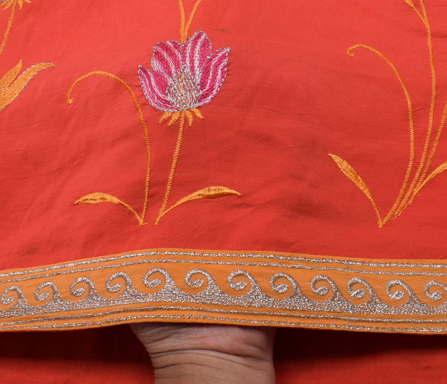 Sushila Vintage Indian Saree Pure Crepe Silk Printed & Embroidered Sari Fabric