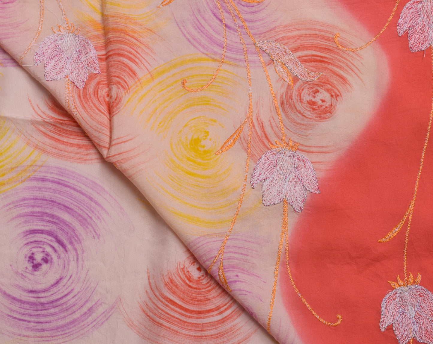 Sushila Vintage Indian Saree Pure Crepe Silk Printed & Embroidered Sari Fabric