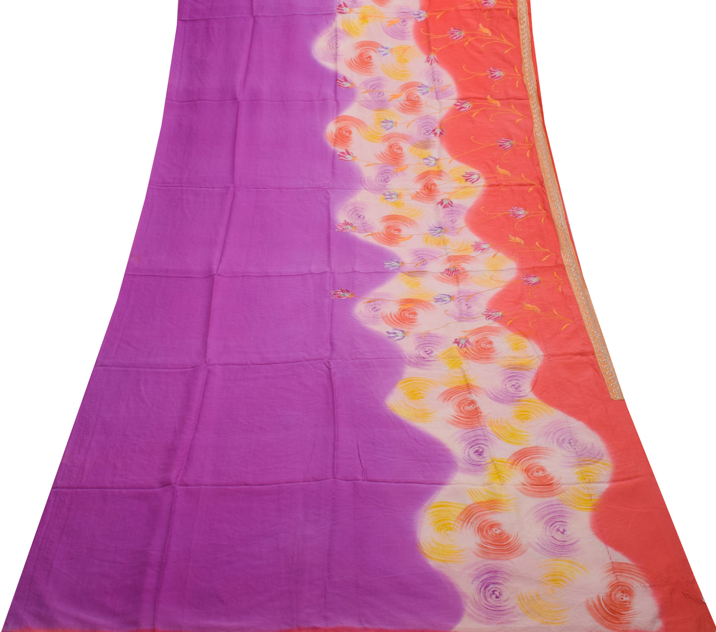 Sushila Vintage Indian Saree Pure Crepe Silk Printed & Embroidered Sari Fabric