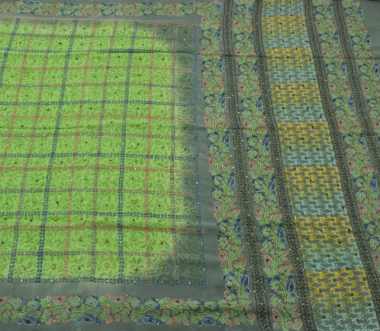Sushila Vintage Green Saree Pure Crepe Silk Printed Floral Sari Craft Fabric