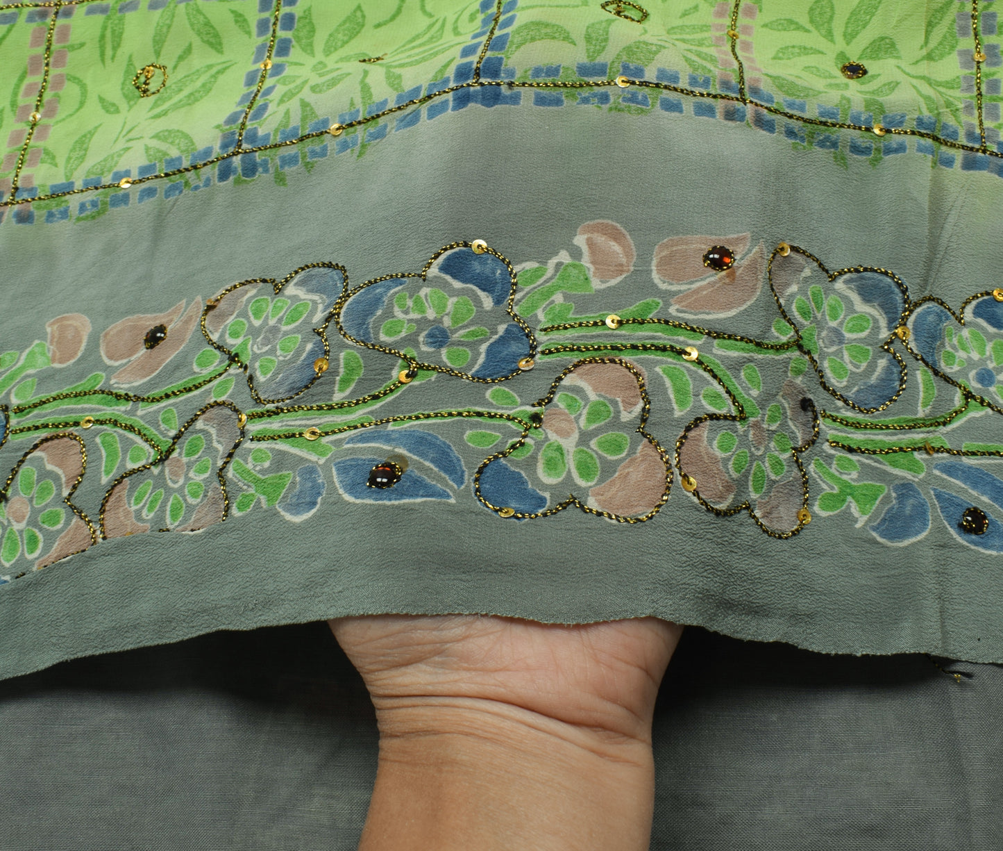 Sushila Vintage Green Saree Pure Crepe Silk Printed Floral Sari Craft Fabric