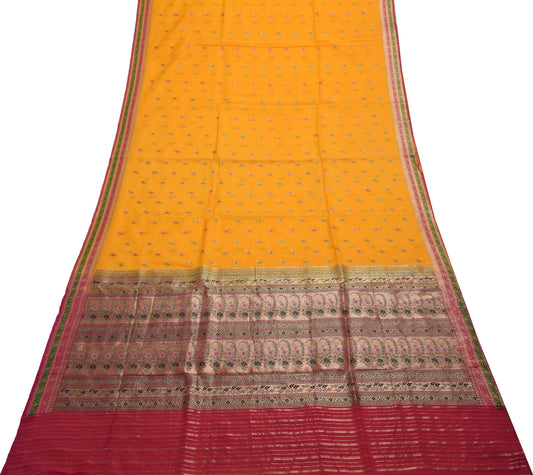 Sushila Vintage Yellow Saree 100% Pure Silk Zari Woven Paisley Sari Craft Fabric