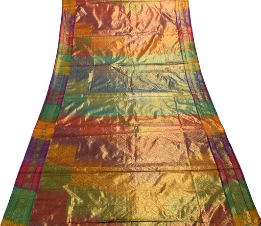 Sushila Vintage Multi-Color Saree Blend Silk Woven Floar Sari Craft 5 YD Fabric
