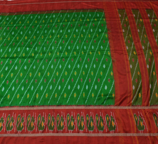 Sushila Vintage Green Saree Pure Silk Hand Woven Ikat Patola Sari Craft Fabric