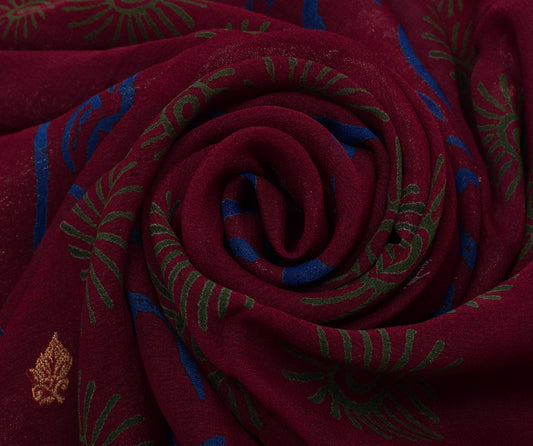 Sushila Vintage Maroon Saree Pure Georgette Silk Woven Floral Sari Craft Fabric