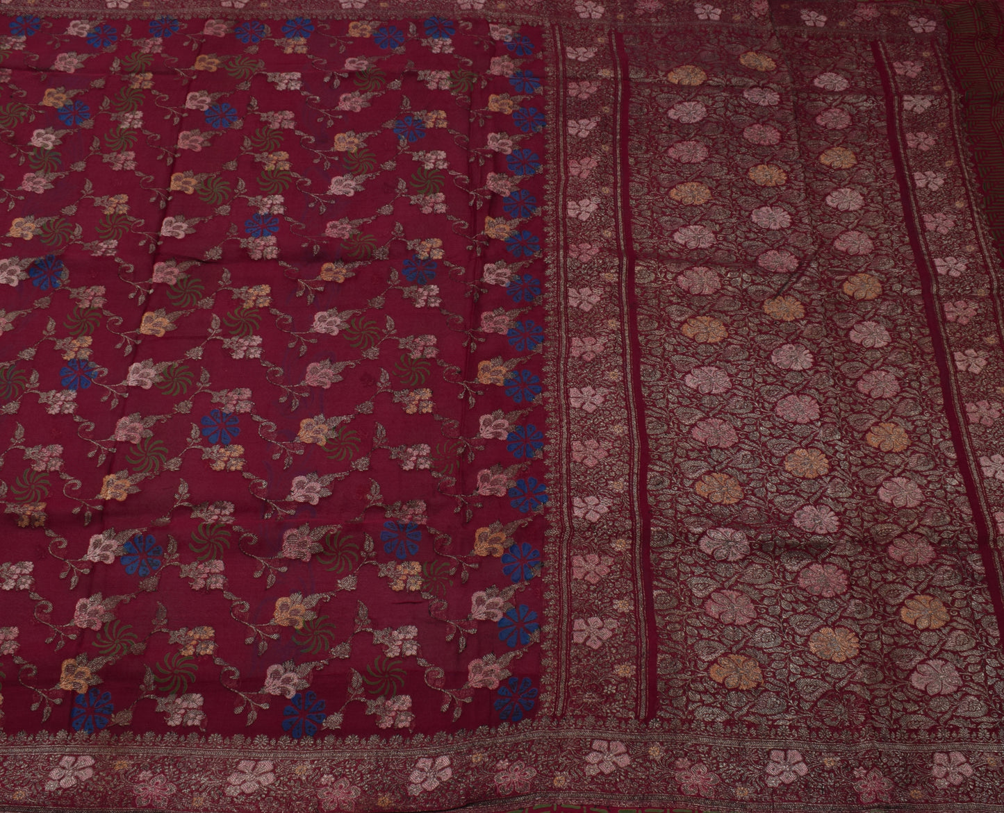 Sushila Vintage Maroon Saree Pure Georgette Silk Woven Floral Sari Craft Fabric