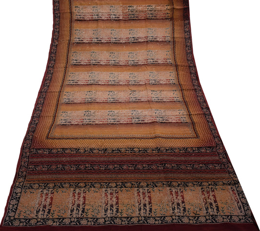 Sushila Vintage Multi-Color Saree Pure Crepe Hand Embroidered Kantha Sari Fabric