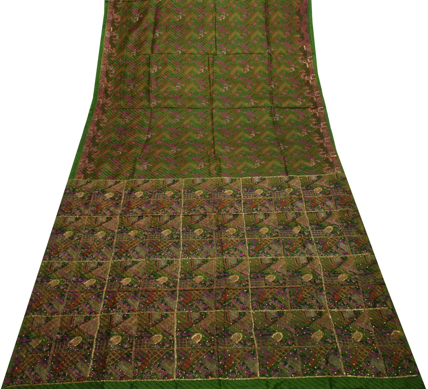 Sushila Vintage Green Saree 100% Pure Silk Printed & Aari Work Sari Craft Fabric