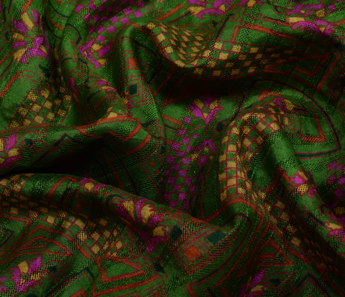 Sushila Vintage Green Saree 100% Pure Silk Printed & Aari Work Sari Craft Fabric
