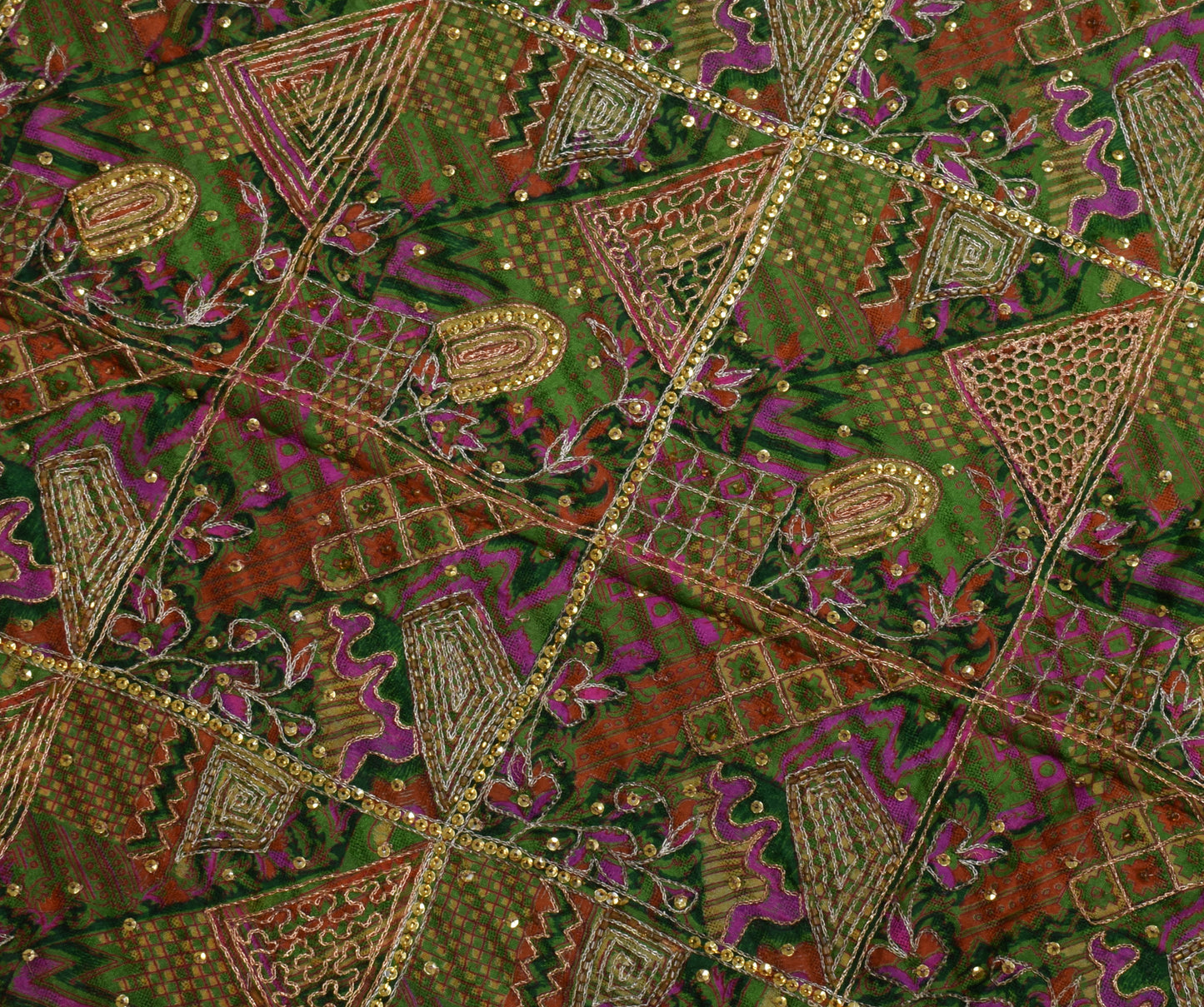 Sushila Vintage Green Saree 100% Pure Silk Printed & Aari Work Sari Craft Fabric
