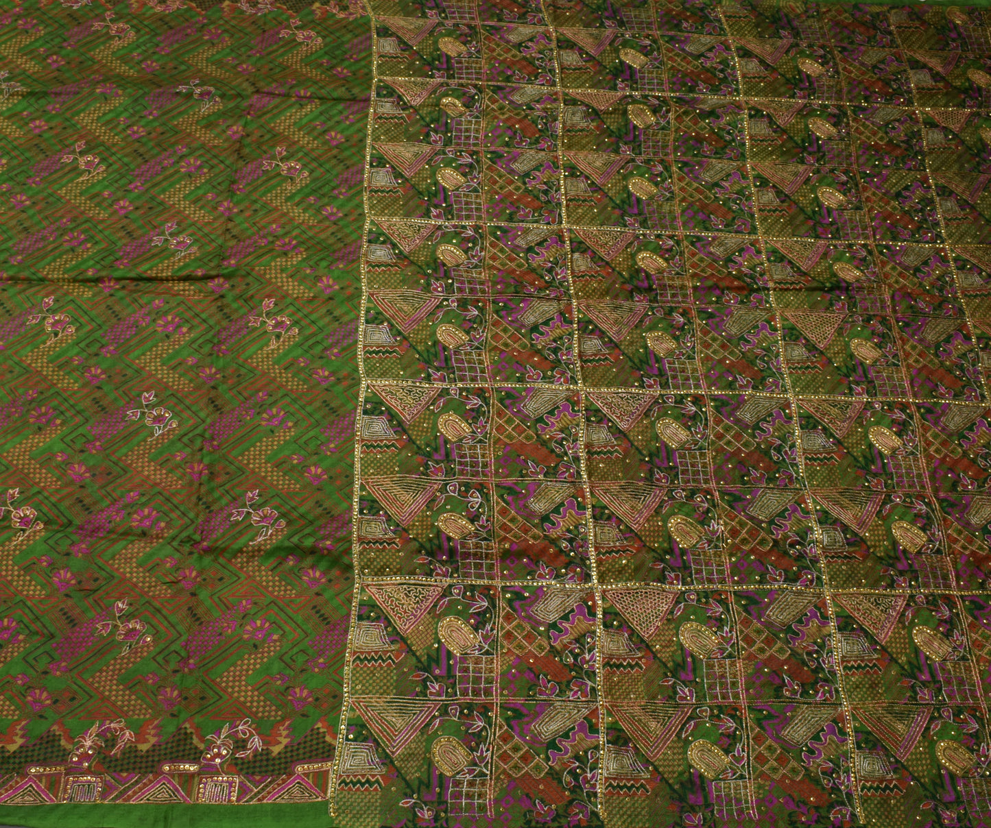 Sushila Vintage Green Saree 100% Pure Silk Printed & Aari Work Sari Craft Fabric