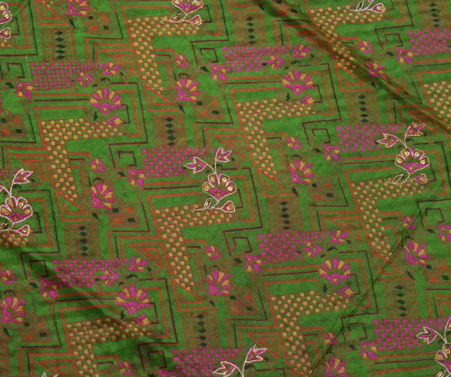 Sushila Vintage Green Saree 100% Pure Silk Printed & Aari Work Sari Craft Fabric