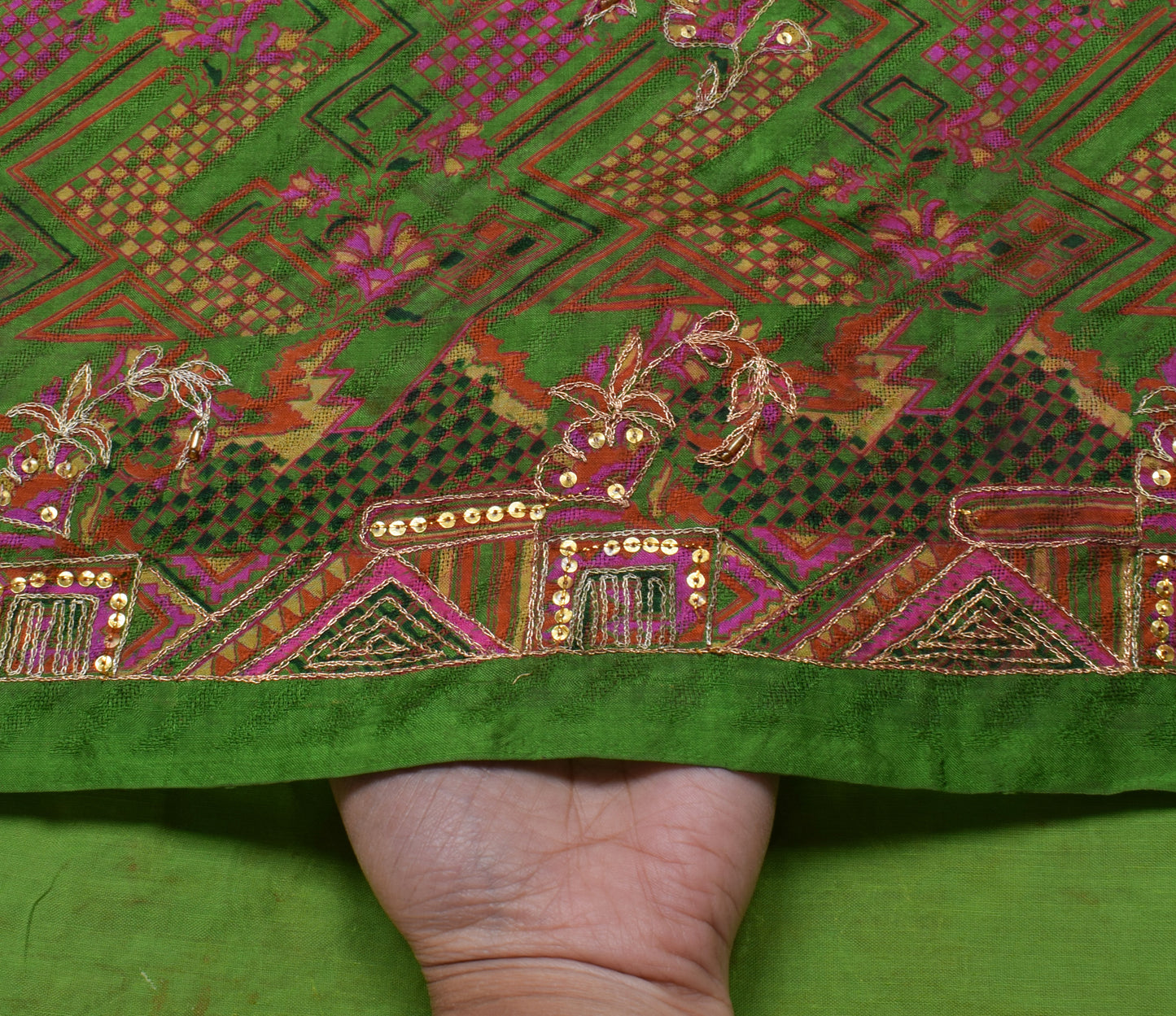 Sushila Vintage Green Saree 100% Pure Silk Printed & Aari Work Sari Craft Fabric