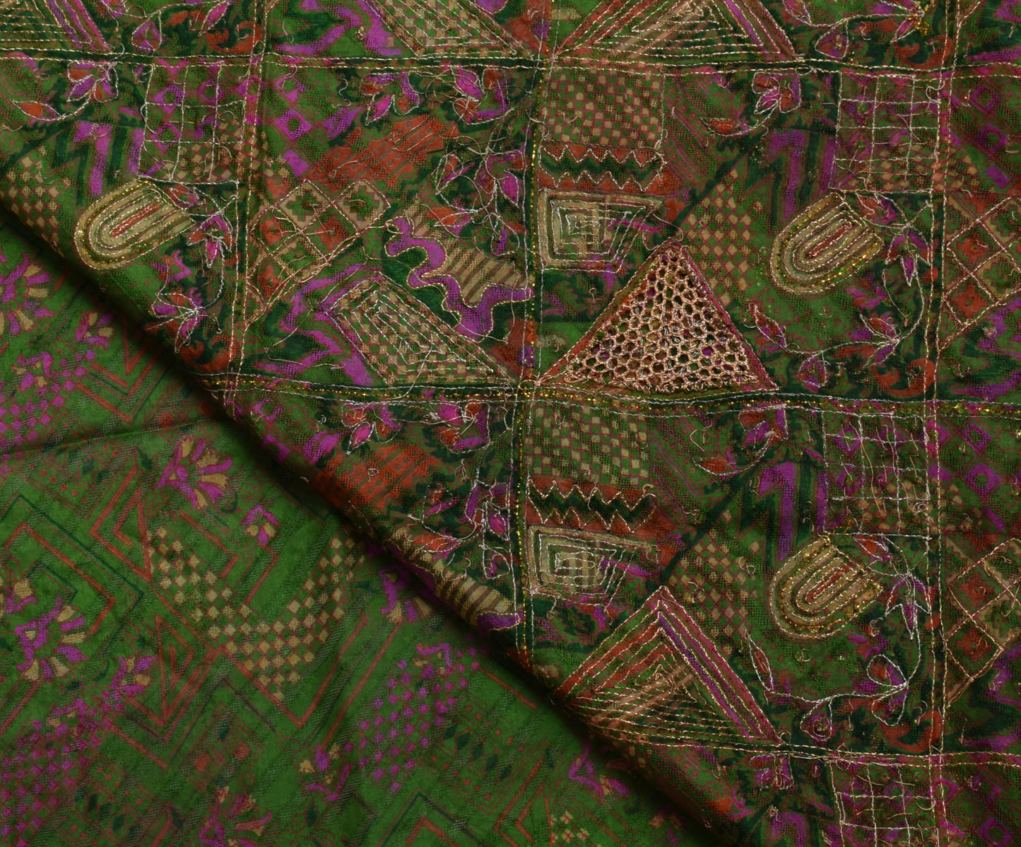 Sushila Vintage Green Saree 100% Pure Silk Printed & Aari Work Sari Craft Fabric