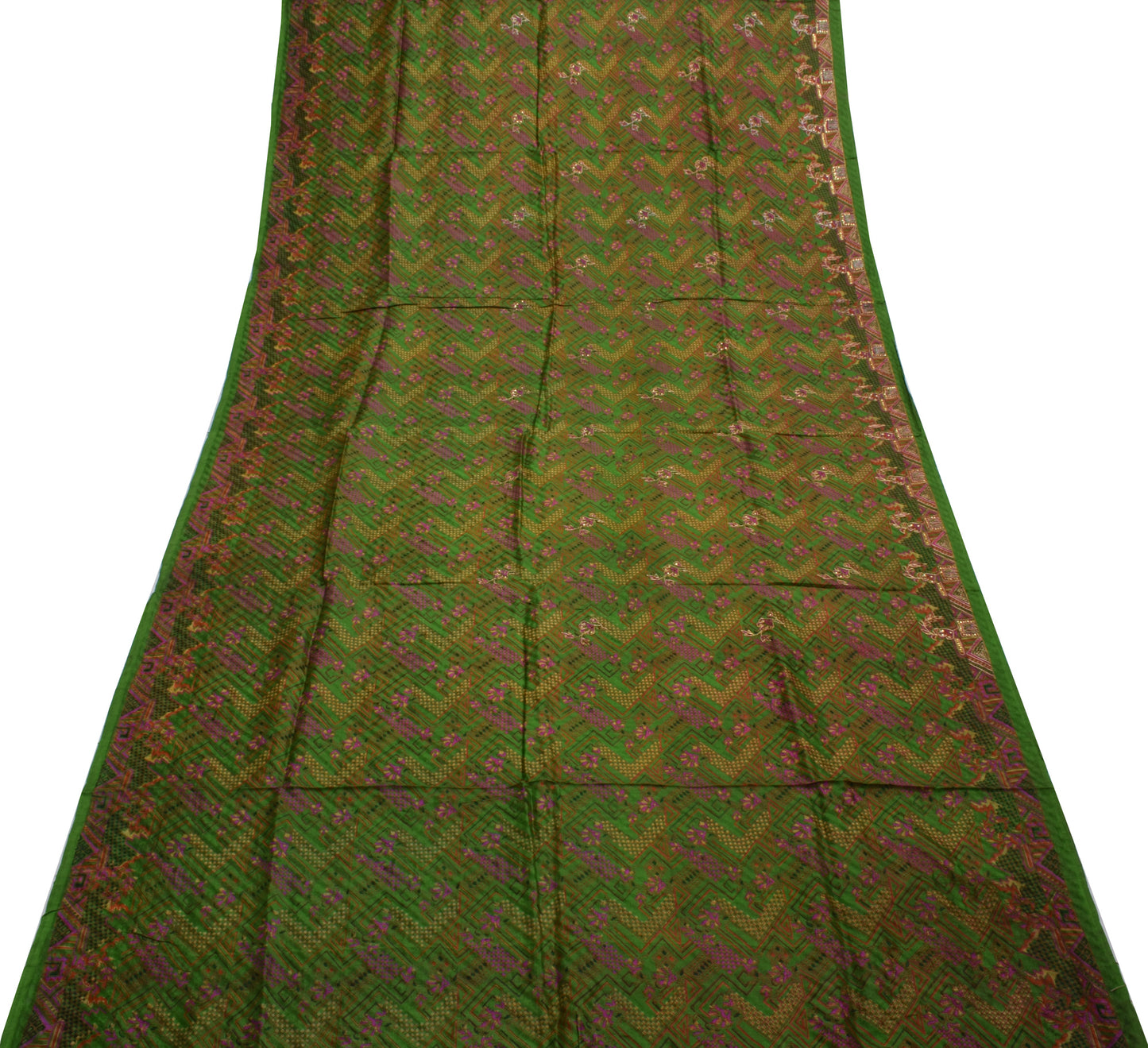 Sushila Vintage Green Saree 100% Pure Silk Printed & Aari Work Sari Craft Fabric