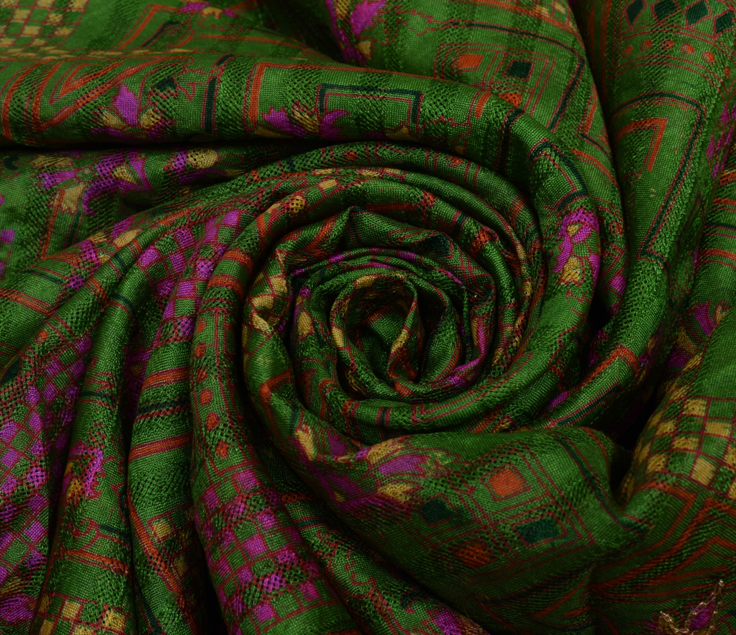 Sushila Vintage Green Saree 100% Pure Silk Printed & Aari Work Sari Craft Fabric