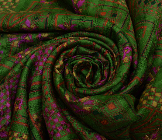 Sushila Vintage Green Saree 100% Pure Silk Printed & Aari Work Sari Craft Fabric