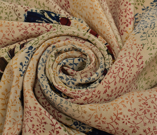 Sushila Vintage Light Brown Saree Pure Crepe Silk Printed Floral Sari Fabric