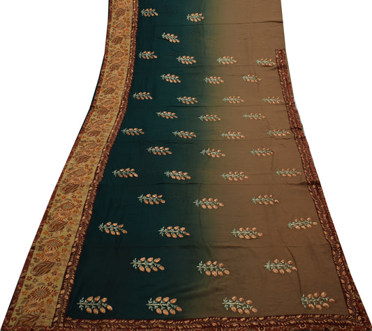 Sushila Vintage Brown Green Saree Pure Georgette Silk Embroidered Floral Sari Fabric