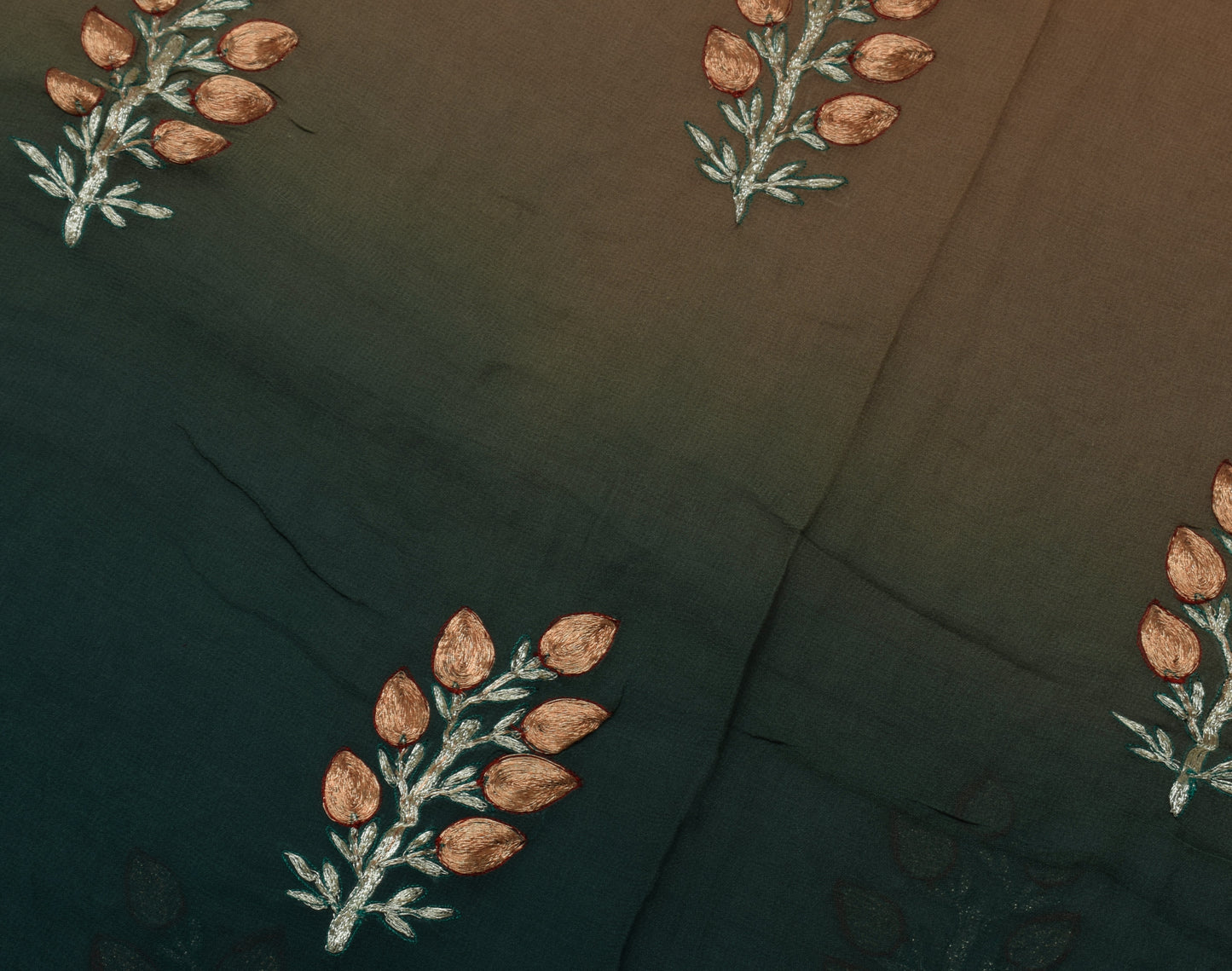 Sushila Vintage Brown Green Saree Pure Georgette Silk Embroidered Floral Sari Fabric