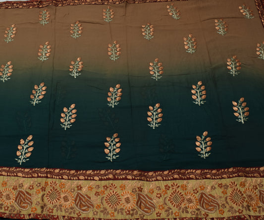 Sushila Vintage Brown Green Saree Pure Georgette Silk Embroidered Floral Sari Fabric