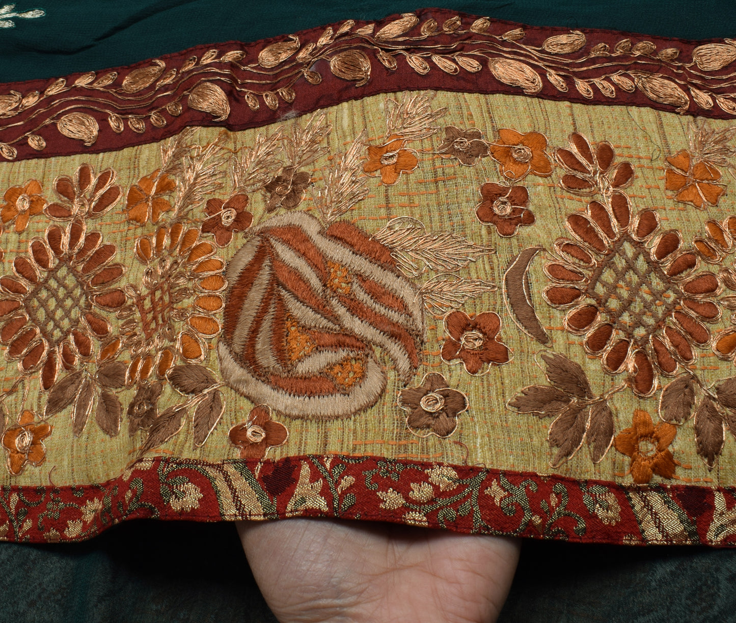 Sushila Vintage Brown Green Saree Pure Georgette Silk Embroidered Floral Sari Fabric