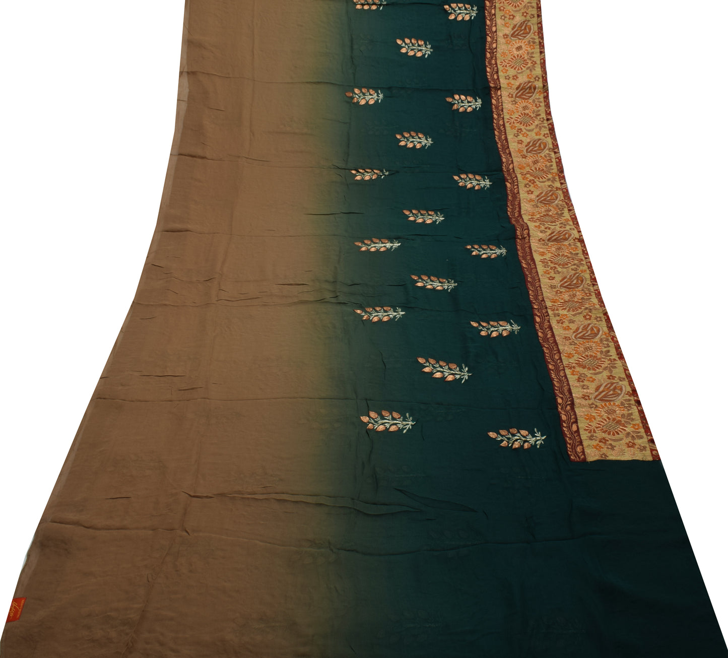 Sushila Vintage Brown Green Saree Pure Georgette Silk Embroidered Floral Sari Fabric