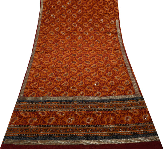 Sushila Vintage Dark Orange Saree Pure Crepe Silk Printed Floral Sari Fabric
