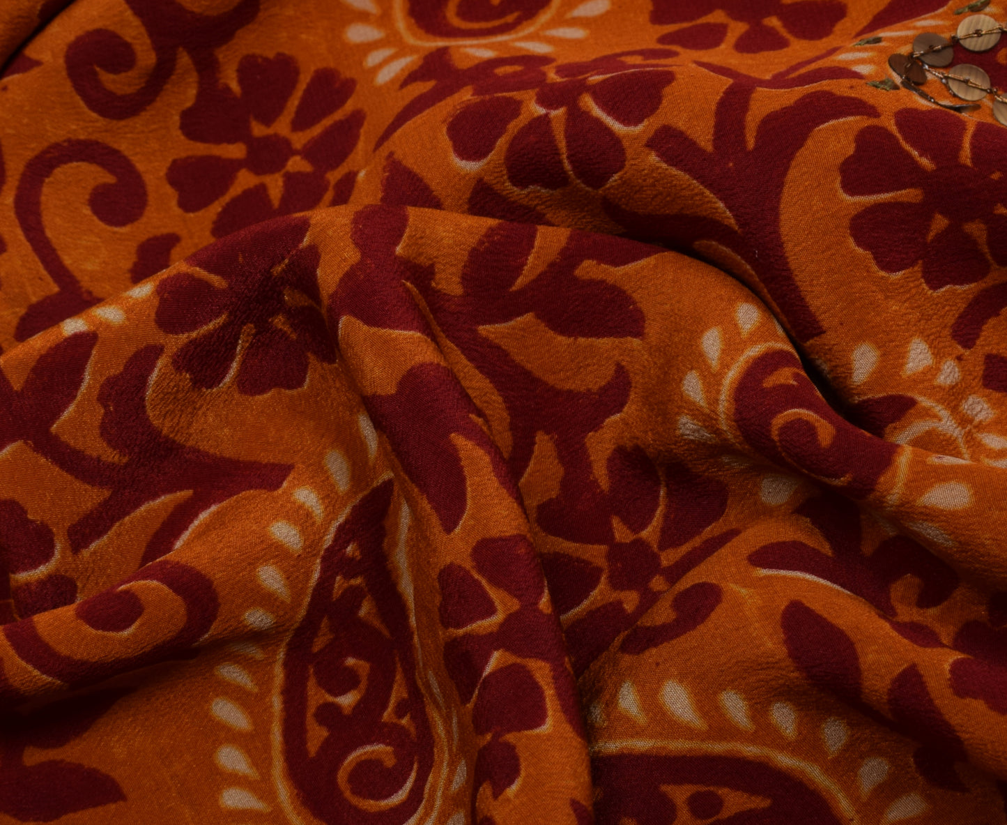 Sushila Vintage Dark Orange Saree Pure Crepe Silk Printed Floral Sari Fabric