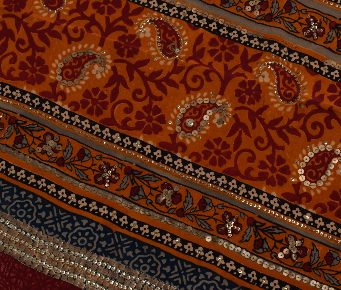 Sushila Vintage Dark Orange Saree Pure Crepe Silk Printed Floral Sari Fabric