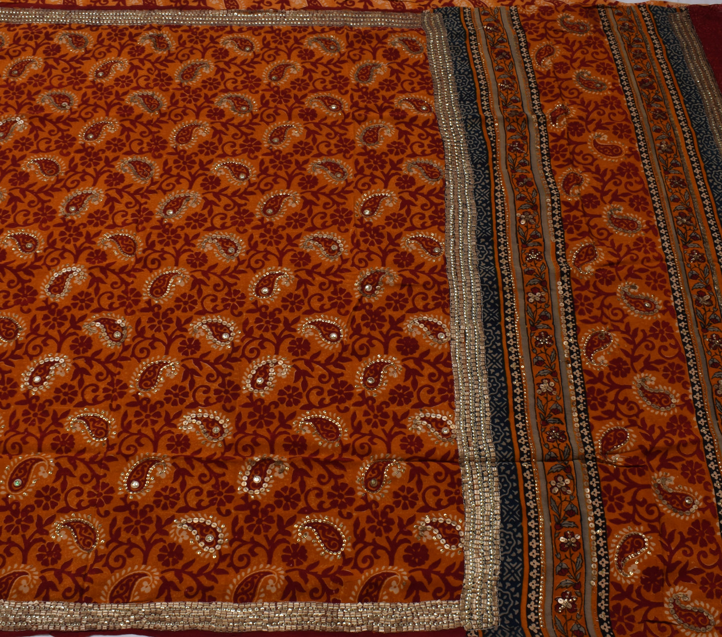Sushila Vintage Dark Orange Saree Pure Crepe Silk Printed Floral Sari Fabric
