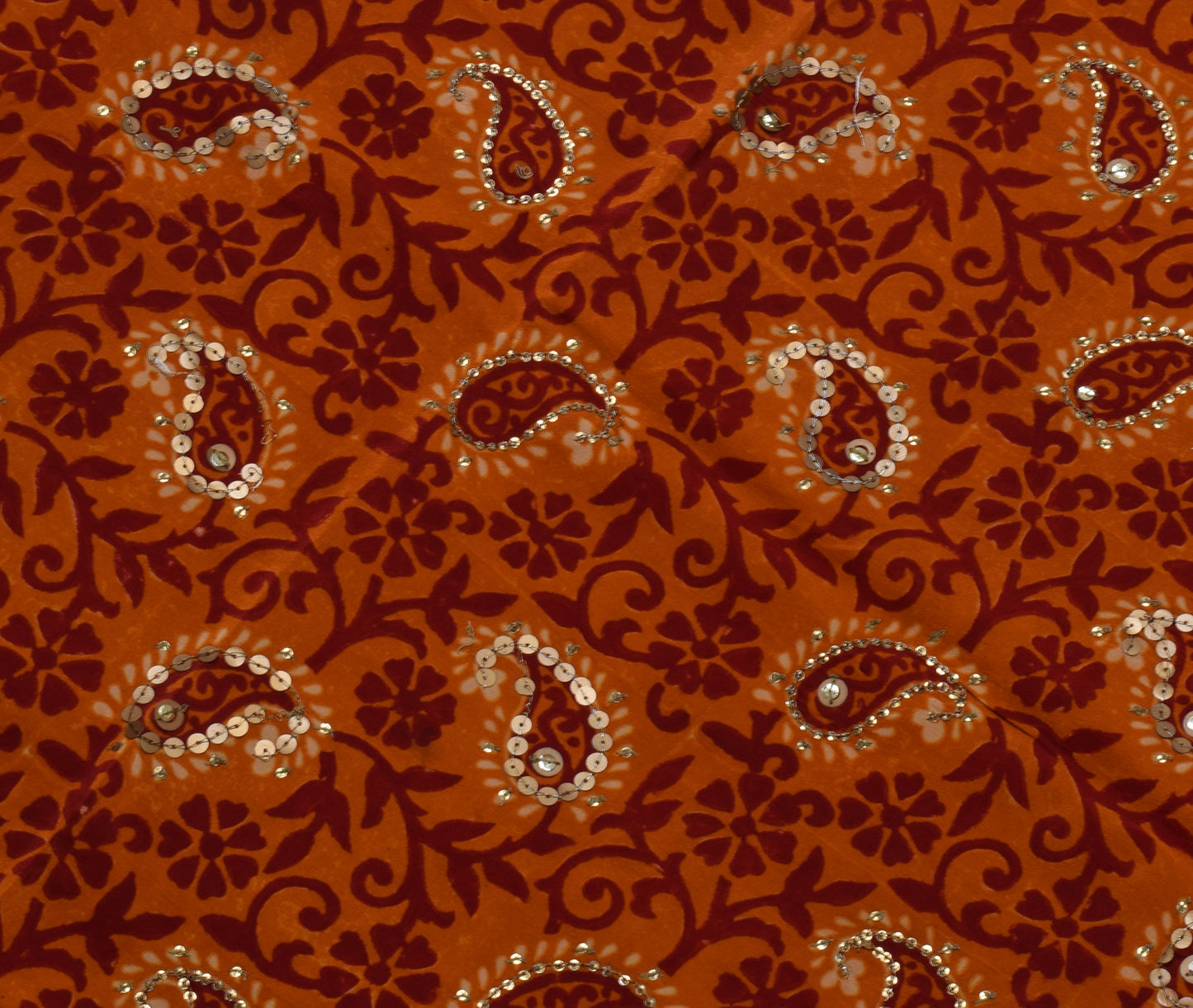Sushila Vintage Dark Orange Saree Pure Crepe Silk Printed Floral Sari Fabric