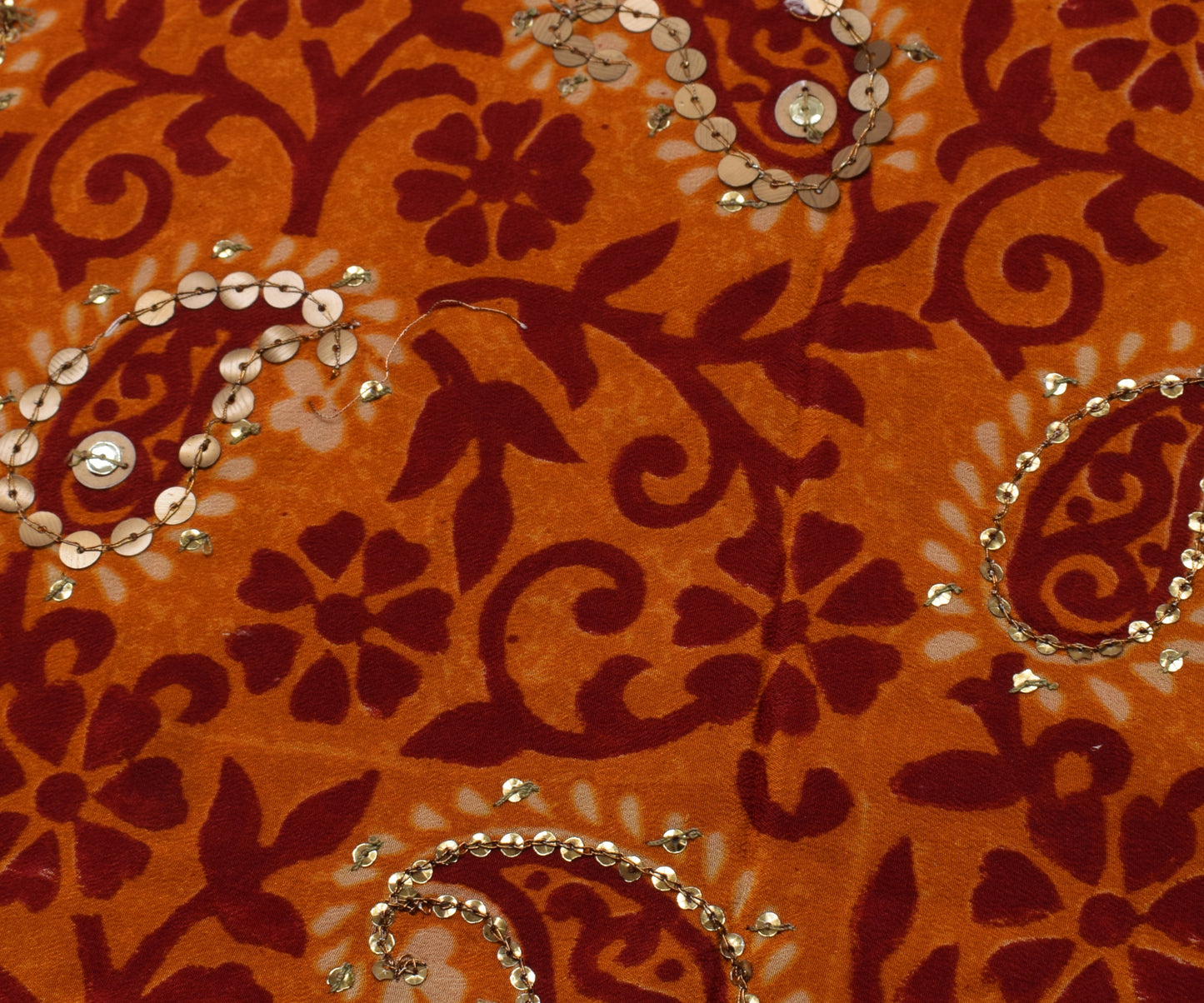 Sushila Vintage Dark Orange Saree Pure Crepe Silk Printed Floral Sari Fabric