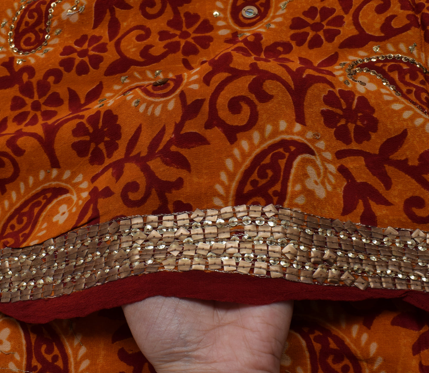 Sushila Vintage Dark Orange Saree Pure Crepe Silk Printed Floral Sari Fabric