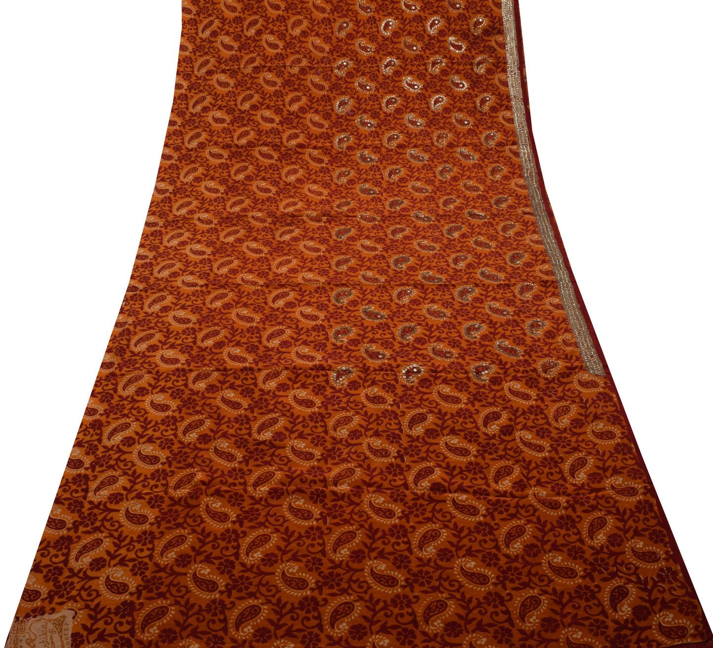 Sushila Vintage Dark Orange Saree Pure Crepe Silk Printed Floral Sari Fabric