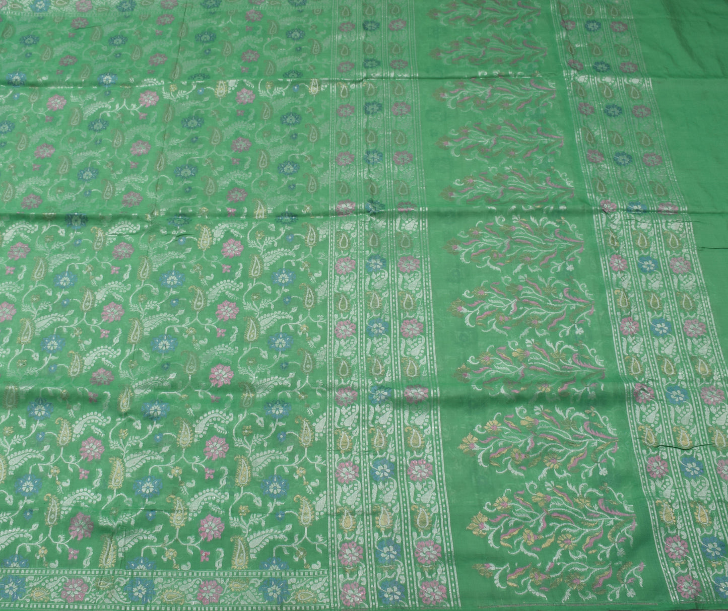 Sushila Vintage Aqua Green Saree 100% Pure Silk Woven Floral Sari Craft Fabric