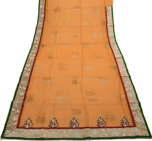 Sushila Vintage Orange Saree Blend Cotton Woven Floral Sari Craft Decor Fabric