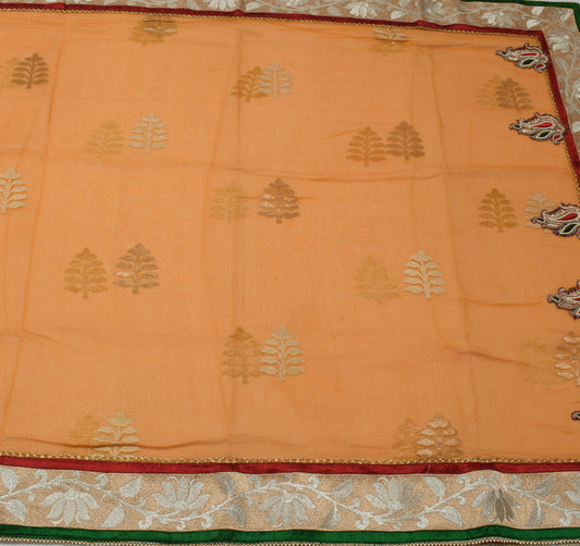 Sushila Vintage Orange Saree Blend Cotton Woven Floral Sari Craft Decor Fabric