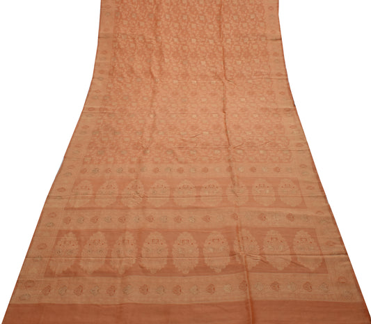 Sushila Vintage Indian Peach Saree 100% Pure Silk Woven Floral Sari Craft Fabric