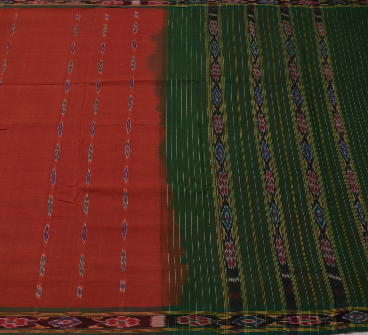 Sushila Vintage Red Saree Pure Cotton Hand Woven Ikat Patola Sari Craft Fabric