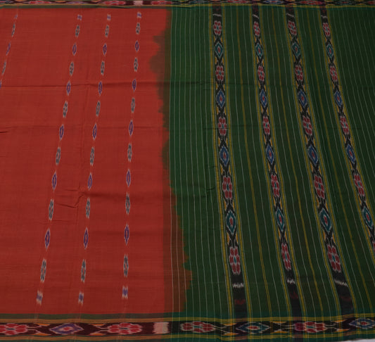 Sushila Vintage Red Saree Pure Cotton Hand Woven Ikat Patola Sari Craft Fabric