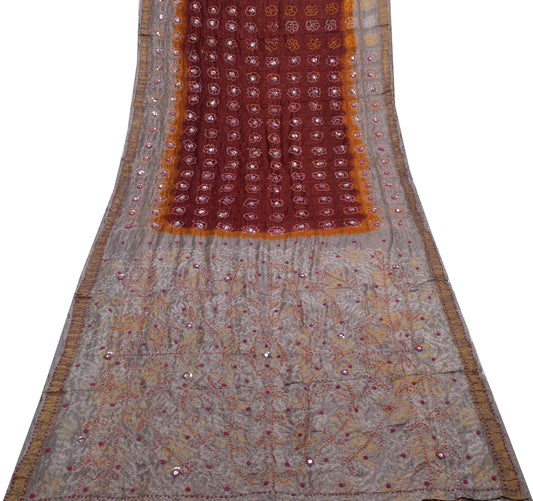 Sushila Vintage Maroon Saree Pure Silk Woven & Printed 5 Yard Sari Craft Fabric