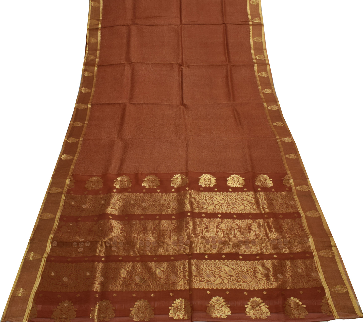 Sushila Vintage Indian Brown Sari Pure Silk Woven Floral Sari Craft Sheer Fabric