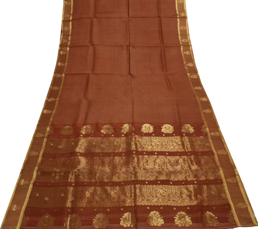 Sushila Vintage Indian Brown Sari Pure Silk Woven Floral Sari Craft Sheer Fabric
