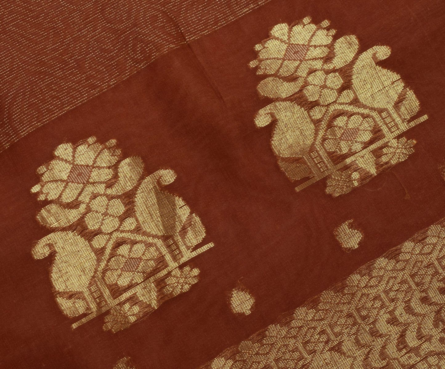 Sushila Vintage Indian Brown Sari Pure Silk Woven Floral Sari Craft Sheer Fabric