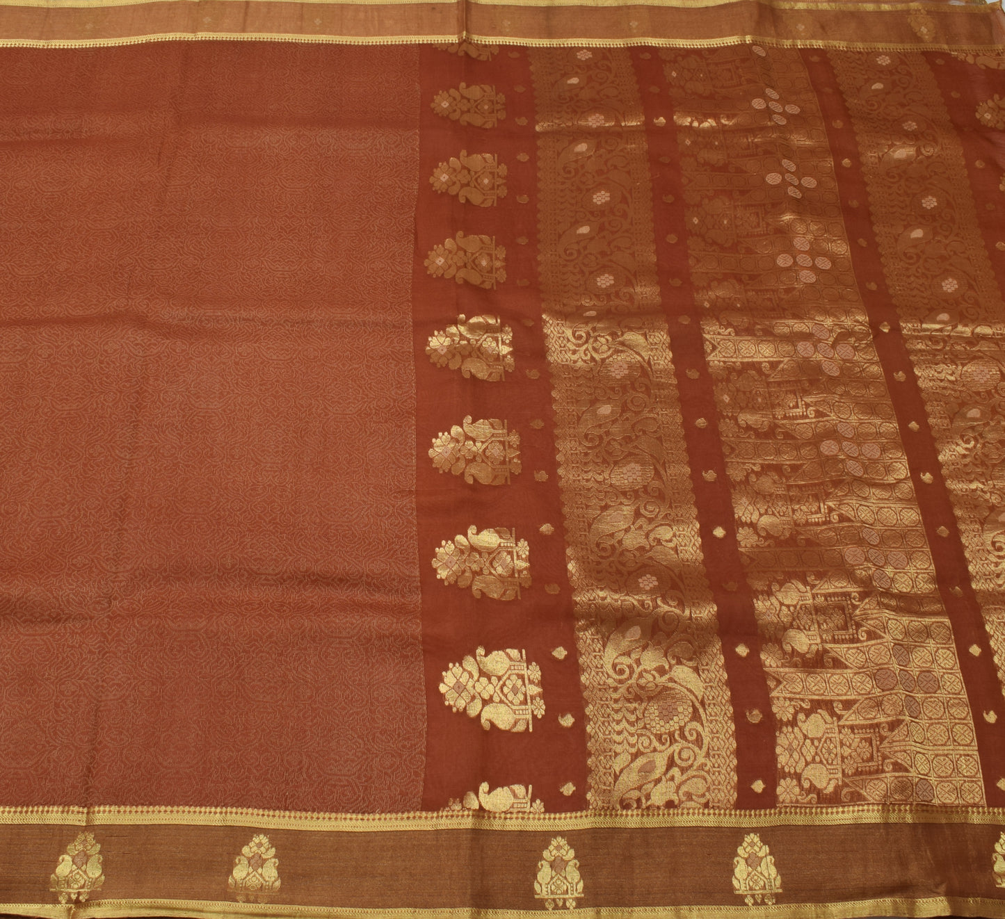 Sushila Vintage Indian Brown Sari Pure Silk Woven Floral Sari Craft Sheer Fabric